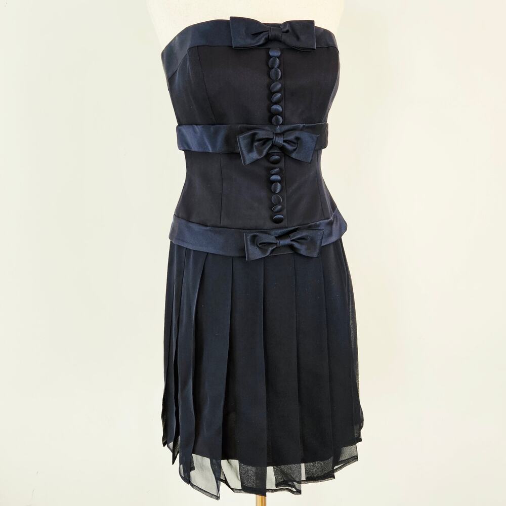 Y2k Silk Drop-Waist Dress Navy Pleated Button & Bow Kathryn Conover - Size 2 - Picture 9 of 9